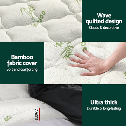 Giselle Bedding Pillowtop Mattress Topper 7.5cm Thick Bamboo Pad for Back Pain Relief Washable Skin-friendly Bed Protector with 45cm Deep Pocket Single