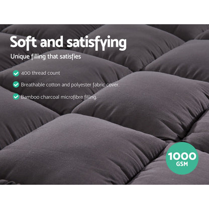 Giselle Bedding Bamboo Charcoal Filling Pillowtop Topper 1000GSM 5cm Thick Pillowtop Pad for Back Pain Relief Washable with 45cm Deep Pocket Double