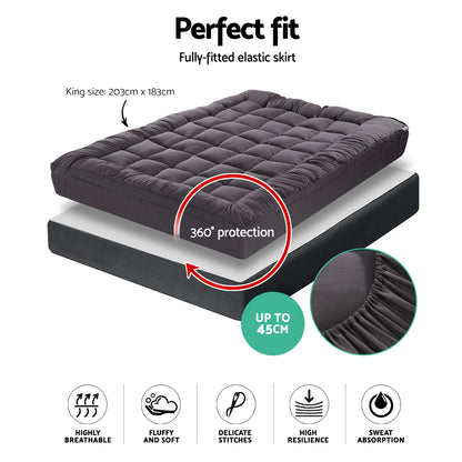 Giselle Bedding Bamboo Charcoal Filling Pillowtop Topper 1000GSM 5cm Thick Pillowtop Pad for Back Pain Relief Washable with 45cm Deep Pocket King