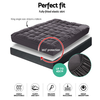 Giselle Bedding Bamboo Charcoal Filling Pillowtop Topper 1000GSM 5cm Thick Pillowtop Pad for Back Pain Relief Washable with 45cm Deep Pocket King Single