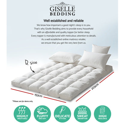 Giselle Bedding Pillowtop Mattress Topper 5cm Thick Pad for Back Pain Relief Washable Underlay Protector 1000GSM Microfibre Filling 45cm Deep Pocket Queen