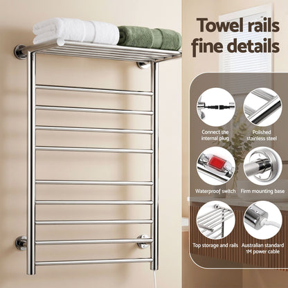 Devanti Electric Heated Towel Rail Rack 14 Bars Wall Mounted Clothes Dry Warmer