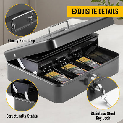 Lockable Cash Box with Coin Tray – Durable Metal Money Box with Key Lock for Bills & Change – Black