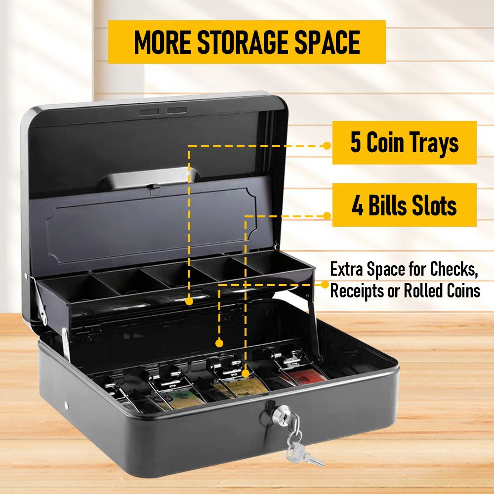 Lockable Cash Box with Coin Tray – Durable Metal Money Box with Key Lock for Bills & Change – Black