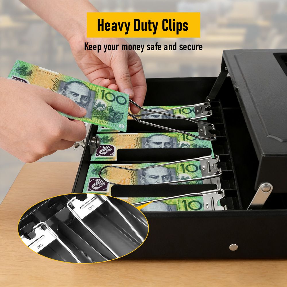 Lockable Cash Box with Coin Tray – Durable Metal Money Box with Key Lock for Bills & Change – Black