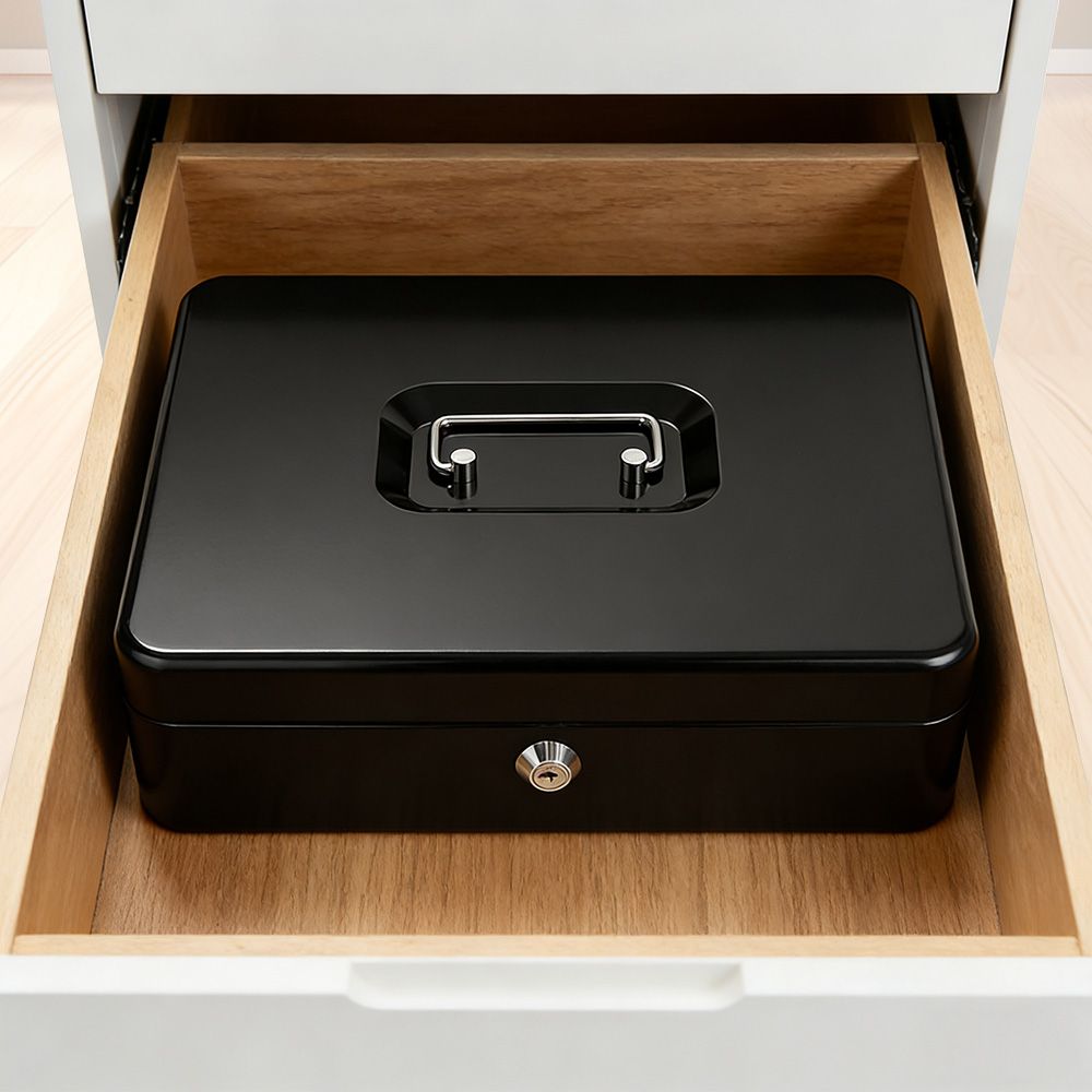 Lockable Cash Box with Coin Tray – Durable Metal Money Box with Key Lock for Bills & Change – Black