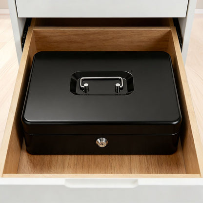 Lockable Cash Box with Coin Tray – Durable Metal Money Box with Key Lock for Bills & Change – Black