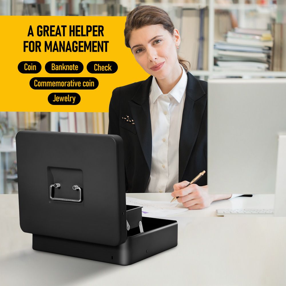 Lockable Cash Box with Coin Tray – Durable Metal Money Box with Key Lock for Bills & Change – Black