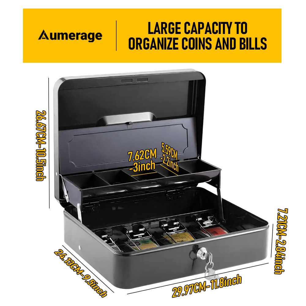 Lockable Cash Box with Coin Tray – Durable Metal Money Box with Key Lock for Bills & Change – Black