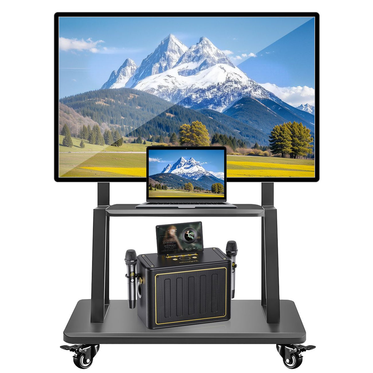 TV Stand for 32–70 Inch TVs with Projector Shelf, Lockable Wheels, Adjustable Height, Cable Management, Freestanding Steel Frame TV Cart Rolling Floor Stand For 32-70 Inch LCD LED OLED Flat Panel Screens Smartboard Movable Holds Up To 100lbs With Shelf