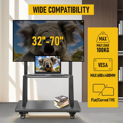 TV Stand for 32–70 Inch TVs with Projector Shelf, Lockable Wheels, Adjustable Height, Cable Management, Freestanding Steel Frame TV Cart Rolling Floor Stand For 32-70 Inch LCD LED OLED Flat Panel Screens Smartboard Movable Holds Up To 100lbs With Shelf