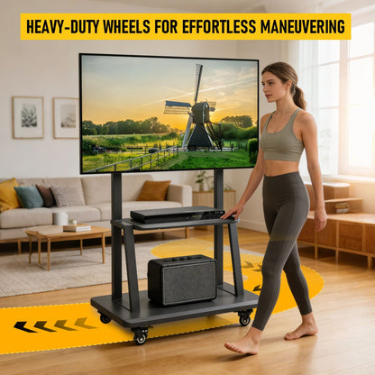 TV Stand for 32–70 Inch TVs with Projector Shelf, Lockable Wheels, Adjustable Height, Cable Management, Freestanding Steel Frame TV Cart Rolling Floor Stand For 32-70 Inch LCD LED OLED Flat Panel Screens Smartboard Movable Holds Up To 100lbs With Shelf