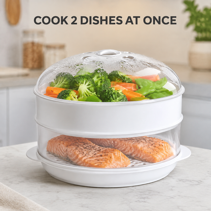 2 Tier Microwave Food Steamer 21cm, Oil-Free Cooking, Food Grade PP, Cooks Two Dishes at Once