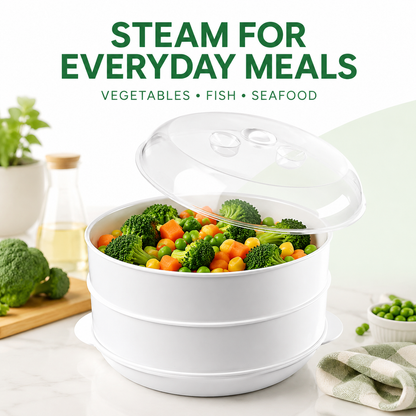 2 Tier Microwave Food Steamer 21cm, Oil-Free Cooking, Food Grade PP, Cooks Two Dishes at Once
