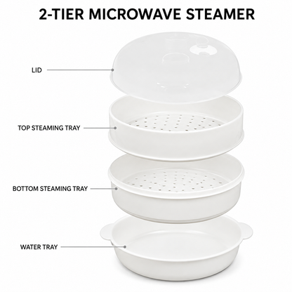 2 Tier Microwave Food Steamer 21cm, Oil-Free Cooking, Food Grade PP, Cooks Two Dishes at Once