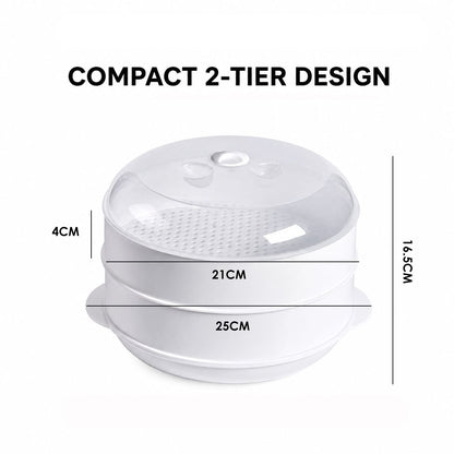 2 Tier Microwave Food Steamer 21cm, Oil-Free Cooking, Food Grade PP, Cooks Two Dishes at Once