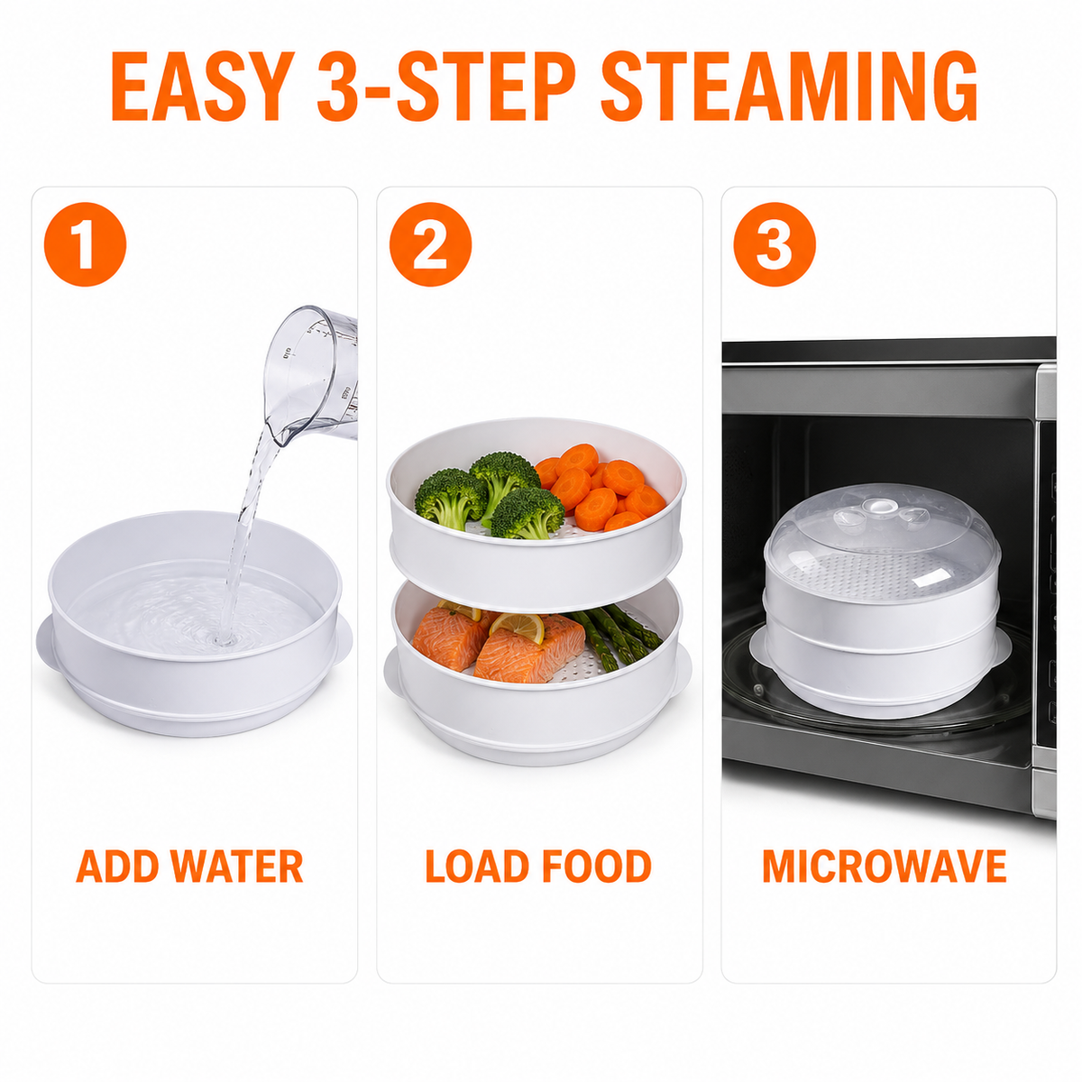 2 Tier Microwave Food Steamer 21cm, Oil-Free Cooking, Food Grade PP, Cooks Two Dishes at Once
