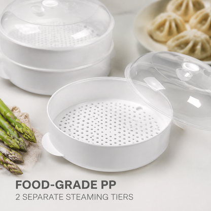 2 Tier Microwave Food Steamer 21cm, Oil-Free Cooking, Food Grade PP, Cooks Two Dishes at Once