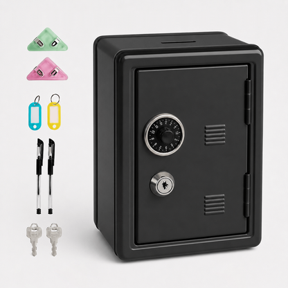 Lockable Metal Money Box, Cash & Coin Storage Box with Key Lock, Compact Piggy Bank for For Kids & Adults, Office & Small Valuables-Black
