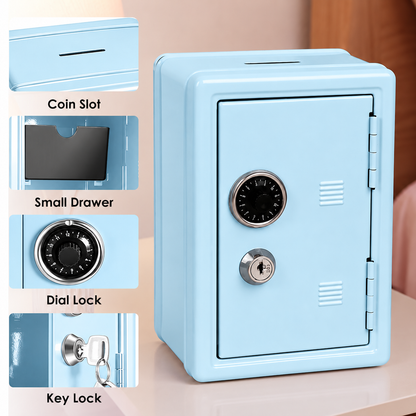 Lockable Metal Money Box, Cash & Coin Storage Box with Key Lock, Compact Piggy Bank for For Kids & Adults, Office & Small Valuables-Light Blue