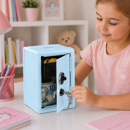 Lockable Metal Money Box, Cash & Coin Storage Box with Key Lock, Compact Piggy Bank for For Kids & Adults, Office & Small Valuables-Light Blue