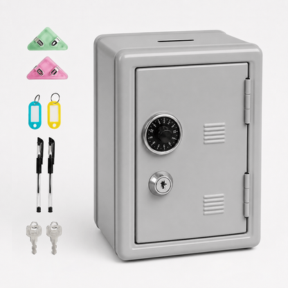 Lockable Metal Money Box, Cash & Coin Storage Box with Key Lock, Compact Piggy Bank for For Kids & Adults, Office & Small Valuables-Grey