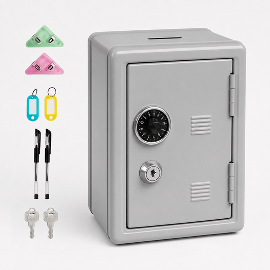 Lockable Metal Money Box, Cash & Coin Storage Box with Key Lock, Compact Piggy Bank for For Kids & Adults, Office & Small Valuables-Grey