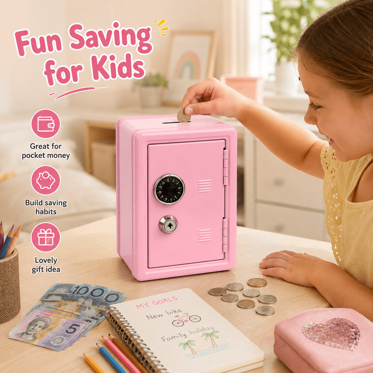 Lockable Metal Money Box, Cash & Coin Storage Box with Key Lock, Compact Piggy Bank for Kids & Adults, Office & Small Valuables