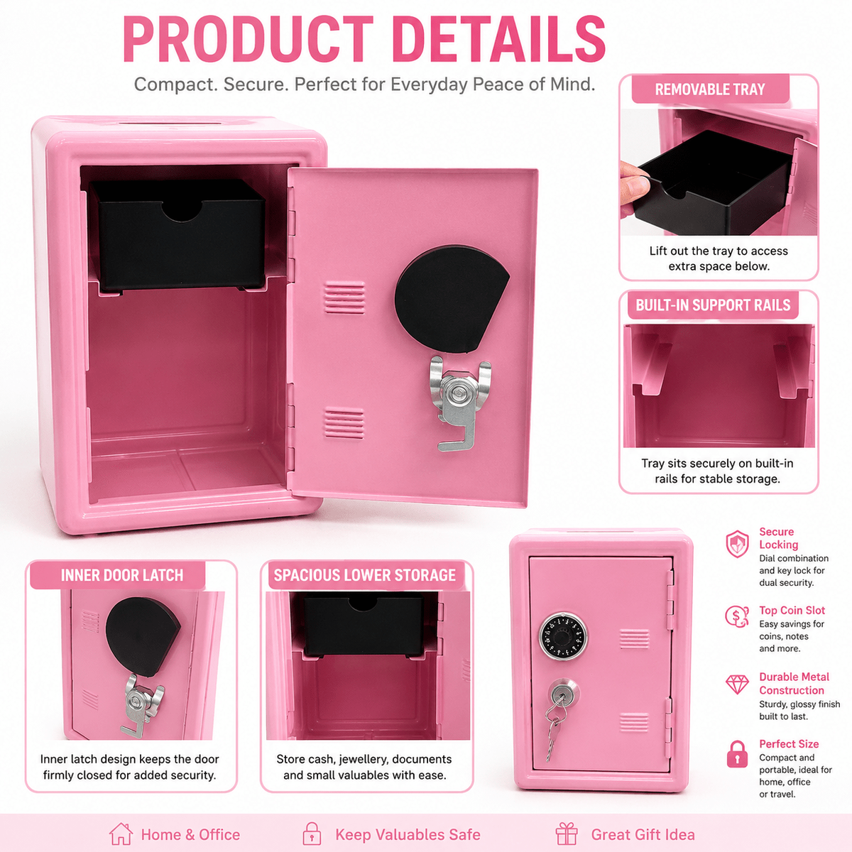 Lockable Metal Money Box, Cash & Coin Storage Box with Key Lock, Compact Piggy Bank for Kids & Adults, Office & Small Valuables