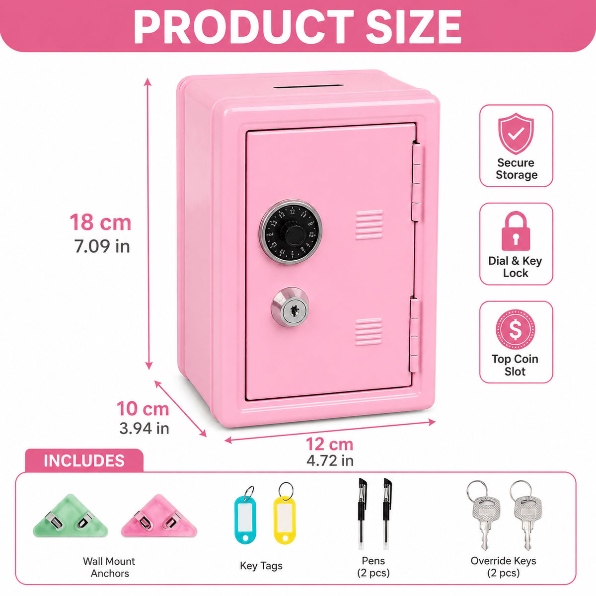 Lockable Metal Money Box, Cash & Coin Storage Box with Key Lock, Compact Piggy Bank for Kids & Adults, Office & Small Valuables
