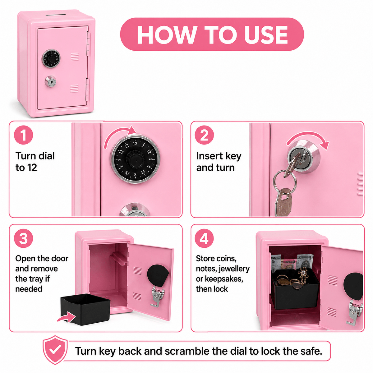Lockable Metal Money Box, Cash & Coin Storage Box with Key Lock, Compact Piggy Bank for Kids & Adults, Office & Small Valuables