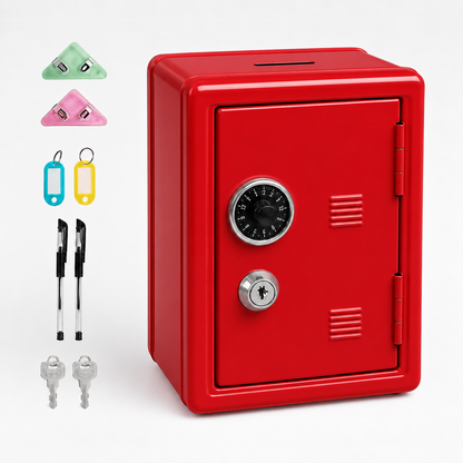 Lockable Metal Money Box, Cash & Coin Storage Box with Key Lock, Compact Piggy Bank for For Kids & Adults, Office & Small Valuables-Red