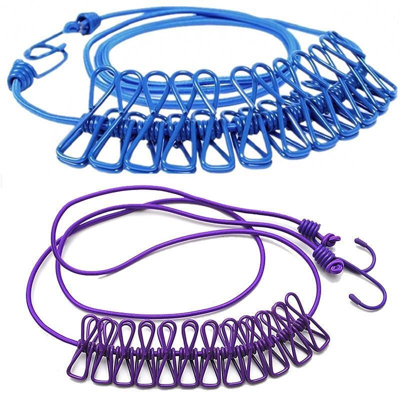 12 Clips Camping Rope Peg Washing Clothes Line Travel clothesline Portable - Blue