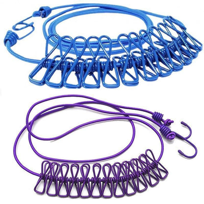 12 Clips Camping Rope Peg Washing Clothes Line Travel clothesline Portable - Blue