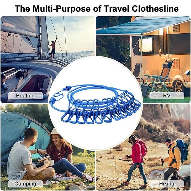 12 Clips Camping Rope Peg Washing Clothes Line Travel clothesline Portable - Blue