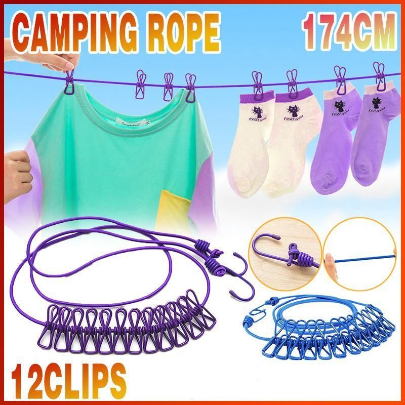 12 Clips Camping Rope Peg Washing Clothes Line Travel clothesline Portable - Purple