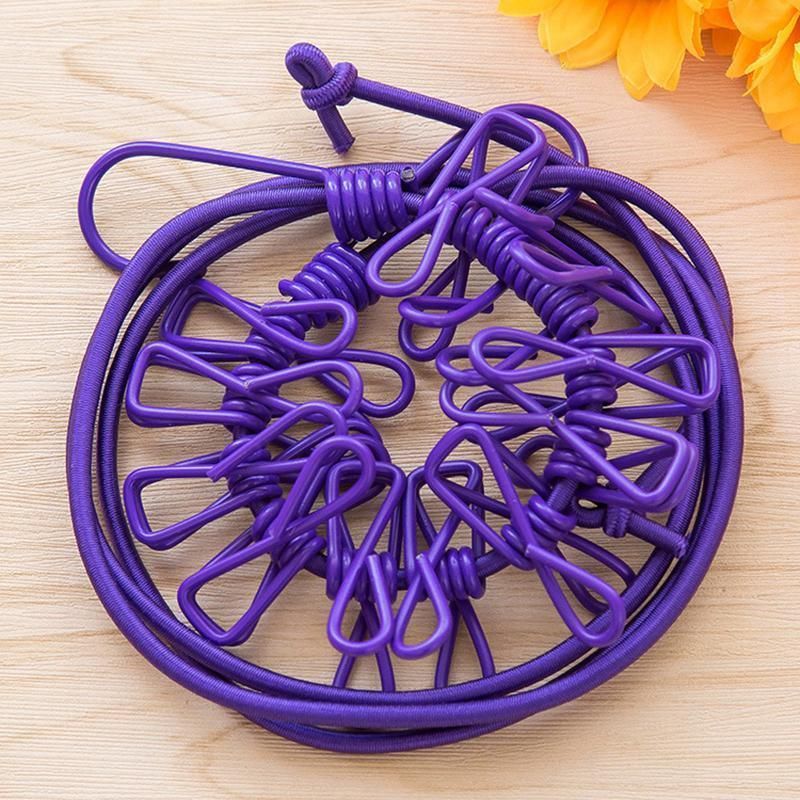 12 Clips Camping Rope Peg Washing Clothes Line Travel clothesline Portable - Purple