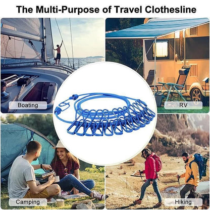 12 Clips Camping Rope Peg Washing Clothes Line Travel clothesline Portable - Purple