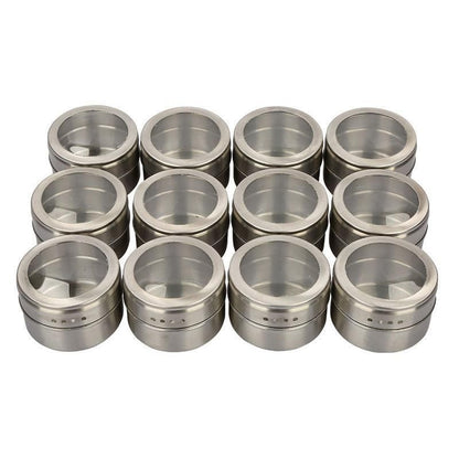 12PCS Magnetic Stainless Steel Spice Containers with Clear Lids for Kitchen Storage