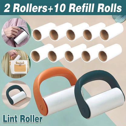 Reusable Washable Lint Roller Sticky Lint Roller Dust Clothes Hair Remover Clean - 2X Orange+10X Refills Rolls