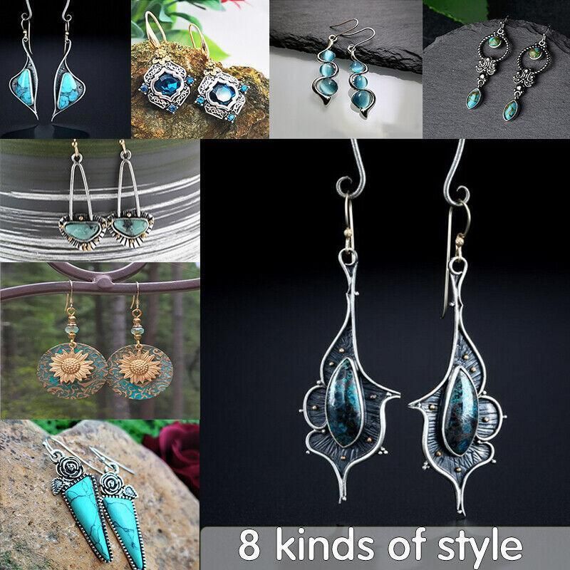 Retro Boho Turquoise Flower Earrings Hook Moonstone Dangle Drop Sapphire Women - 1236