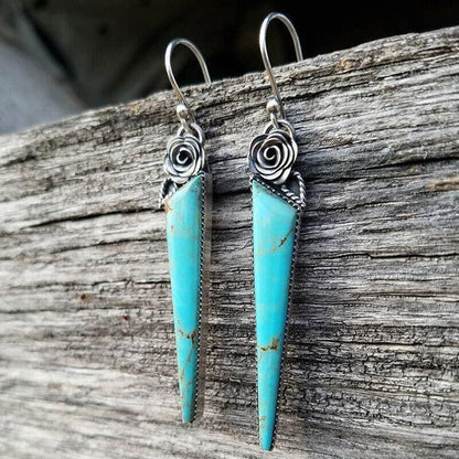 Retro Boho Turquoise Flower Earrings Hook Moonstone Dangle Drop Sapphire Women - 1236