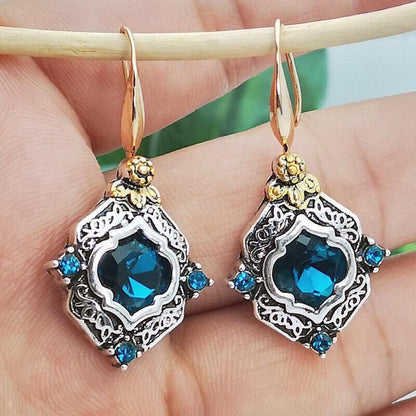 Retro Boho Turquoise Flower Earrings Hook Moonstone Dangle Drop Sapphire Women - 1236