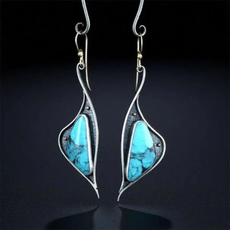Retro Boho Turquoise Flower Earrings Hook Moonstone Dangle Drop Sapphire Women - 1236