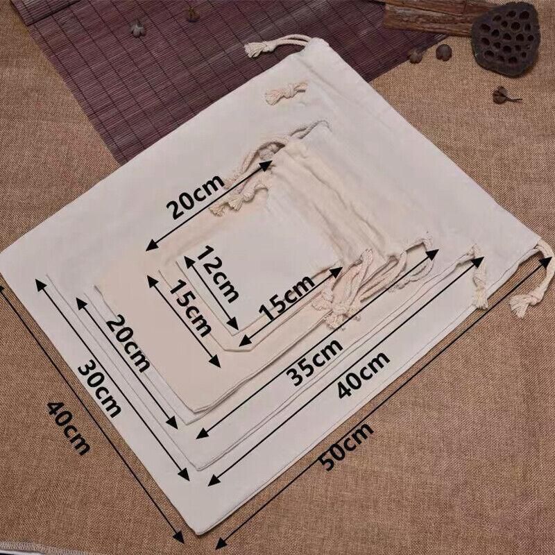 10X Canvas Cotton Drawstring Bags Linen Calico Tote Gift Storage Pouches - 25x35cm