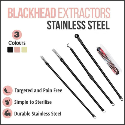 Stainless Steel Blackhead Remover Tools Set with Pimple Extractors 4 Pieces - Gold