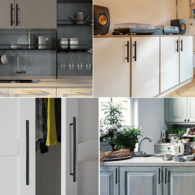 Silver Kitchen Cabinet Door Handles Matte Black Stainless Steel Door Drawer Pull T Bar - 300mm/192mm