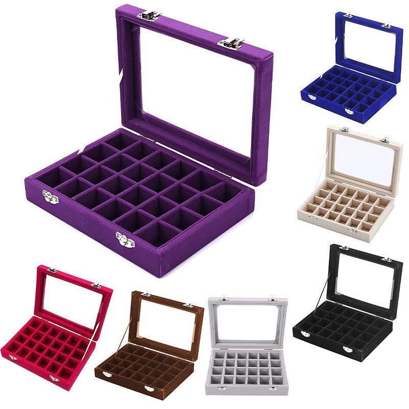 Velvet Jewelry Box Earring Organizer Display Case Storage Holder with 24 Grid - Beige