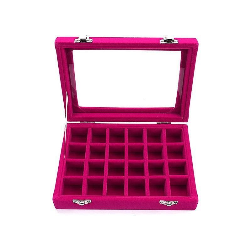 Velvet Jewelry Box Earring Organizer Display Case Storage Holder with 24 Grid - Beige