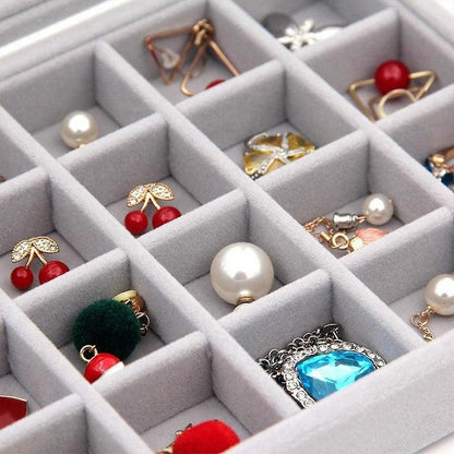Velvet Jewelry Box Earring Organizer Display Case Storage Holder with 24 Grid - Beige
